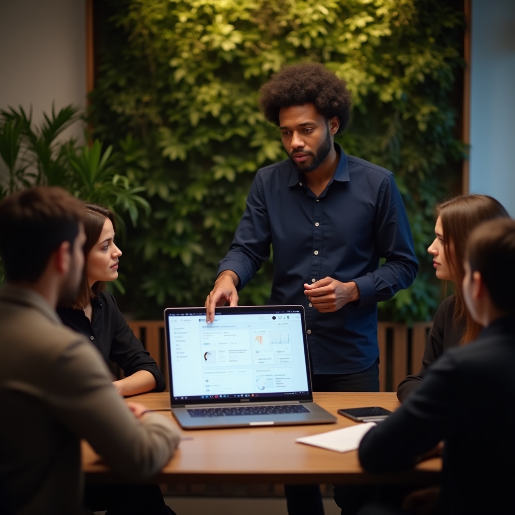 Fachkraft gibt Statusupdate in kleiner Besprechungsrunde